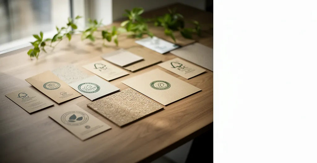 Comparaison visuelle de brochures avec différents labels d'impression écologique dans un environnement de bureau moderne