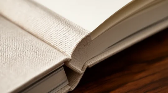 Livre ouvert avec texture de papier artisanal sous lumière naturelle douce