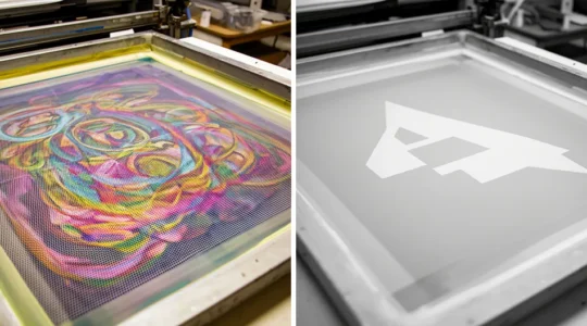 Logo complexe avec détails multiples comparé à version simplifiée pour impression textile, zone de travail avec écrans de sérigraphie