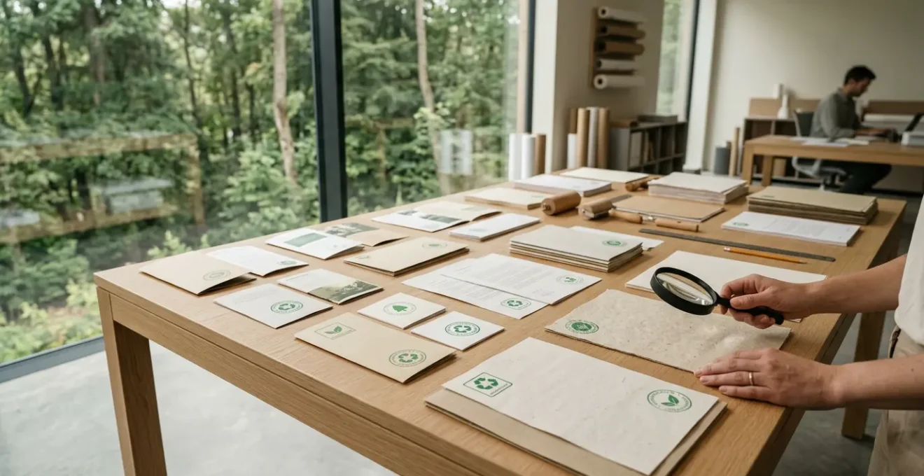 Vue d'ensemble d'un bureau d'impression éco-responsable avec documents certifiés et tampons de certification forestière