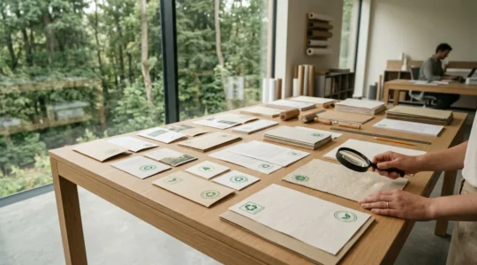 Vue d'ensemble d'un bureau d'impression éco-responsable avec documents certifiés et tampons de certification forestière