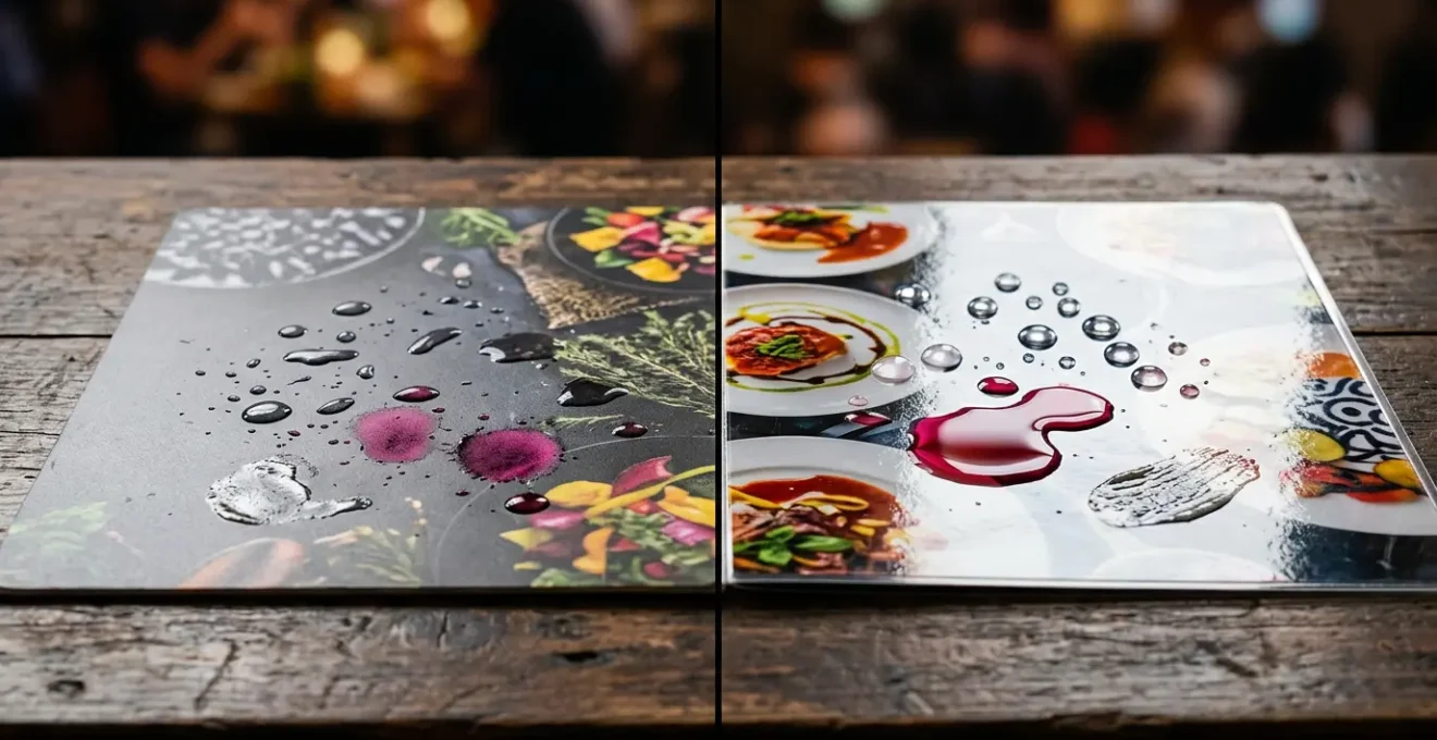 Comparaison visuelle entre deux menus de restaurant avec pelliculage mat et brillant testés contre les taches de vin et de graisse