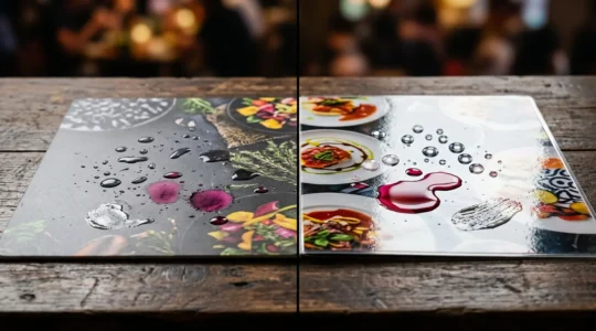 Comparaison visuelle entre deux menus de restaurant avec pelliculage mat et brillant testés contre les taches de vin et de graisse