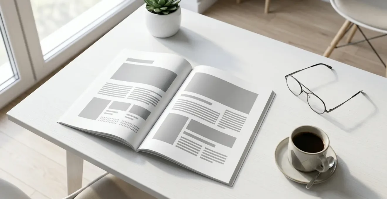 Bureau minimaliste avec document aéré, espace négatif et composition équilibrée