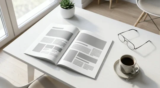 Bureau minimaliste avec document aéré, espace négatif et composition équilibrée