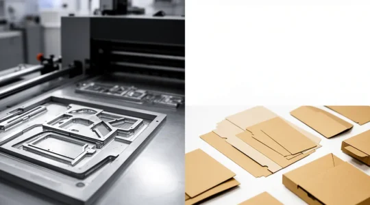 Vue en perspective d'un atelier d'impression avec formes de découpe et cartons découpés