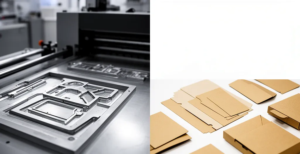 Vue en perspective d'un atelier d'impression avec formes de découpe et cartons découpés