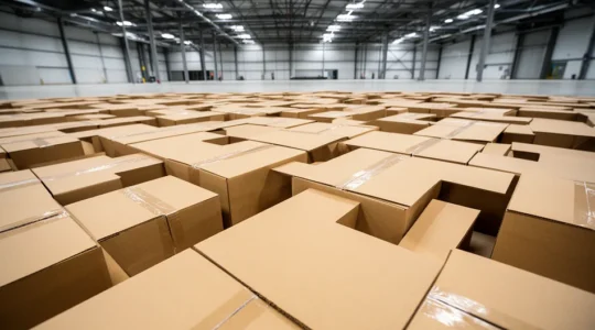 Vue macro de cartons d'expédition empilés montrant différentes formes et dimensions optimisées