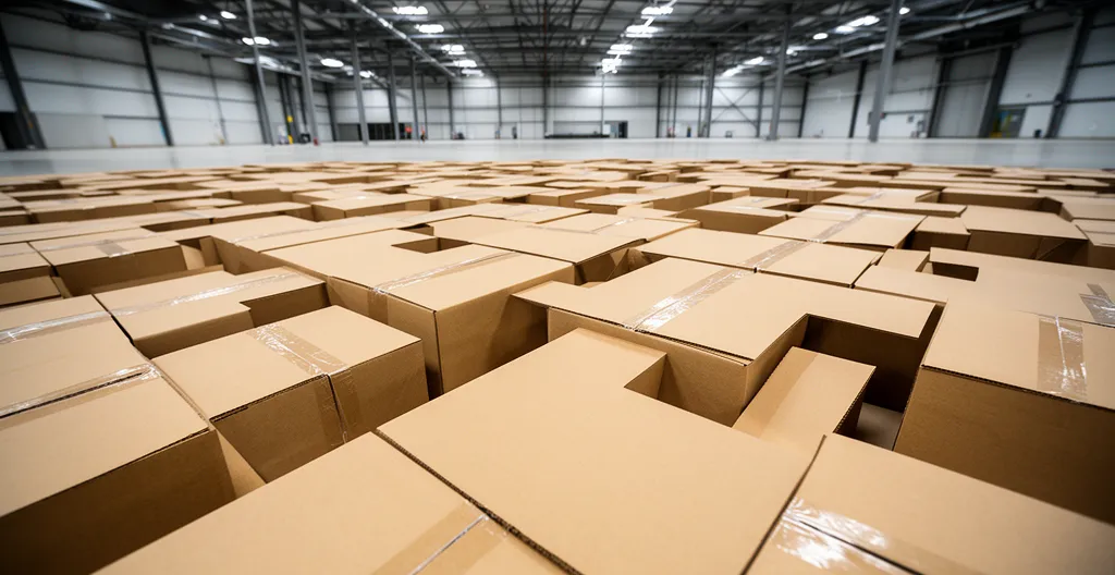 Vue macro de cartons d'expédition empilés montrant différentes formes et dimensions optimisées