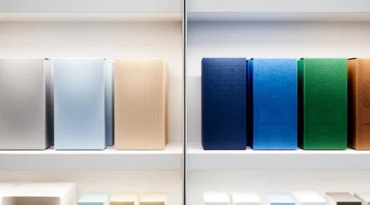 Comparaison visuelle entre emballages minimalistes et surchargés dans un rayon de supermarché