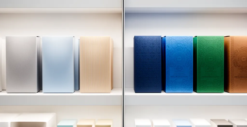 Comparaison visuelle entre emballages minimalistes et surchargés dans un rayon de supermarché