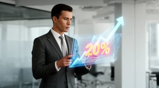 Dirigeant d'entreprise analysant des indicateurs de valorisation avec éléments visuels de marque en arrière-plan