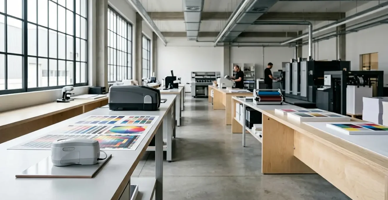 Vue d'ensemble d'un environnement de travail professionnel montrant la chaîne colorimétrique complète de l'impression