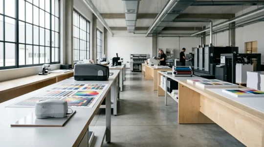 Vue d'ensemble d'un environnement de travail professionnel montrant la chaîne colorimétrique complète de l'impression