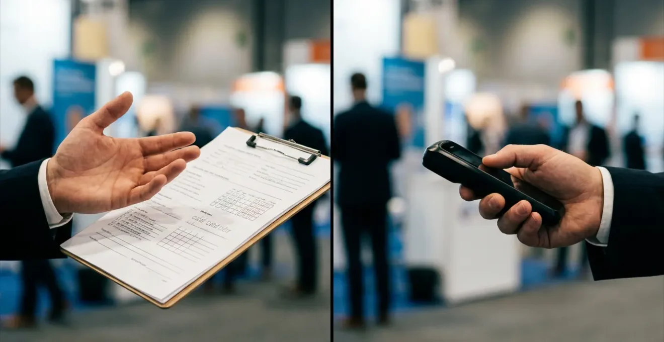 Une main tenant une fiche contact papier avec cases à cocher face à une main tenant un scanner de badge, dans l'environnement animé d'un salon professionnel