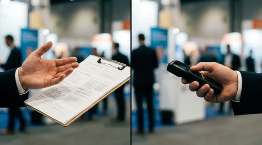 Une main tenant une fiche contact papier avec cases à cocher face à une main tenant un scanner de badge, dans l'environnement animé d'un salon professionnel