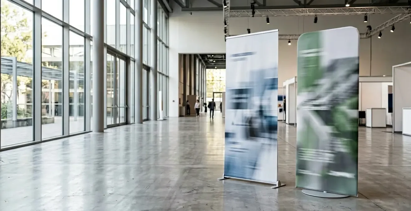 Comparaison visuelle entre un roll-up et un totem tissu dans un environnement de salon professionnel