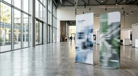 Comparaison visuelle entre un roll-up et un totem tissu dans un environnement de salon professionnel