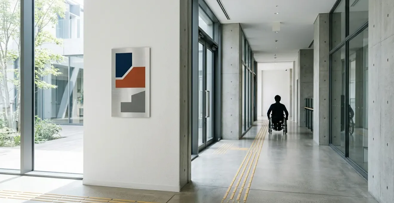 Vue en perspective d'un panneau de signalétique accessible monté sur un mur à hauteur réglementaire