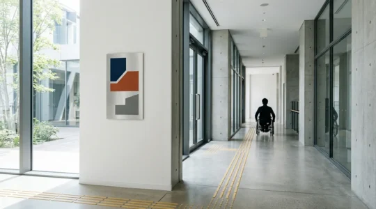 Vue en perspective d'un panneau de signalétique accessible monté sur un mur à hauteur réglementaire