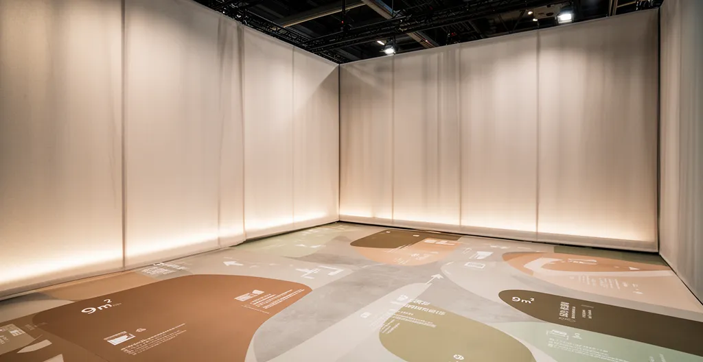 Stand d'exposition de 9m² avec sol imprimé et murs lumineux créant une expérience immersive