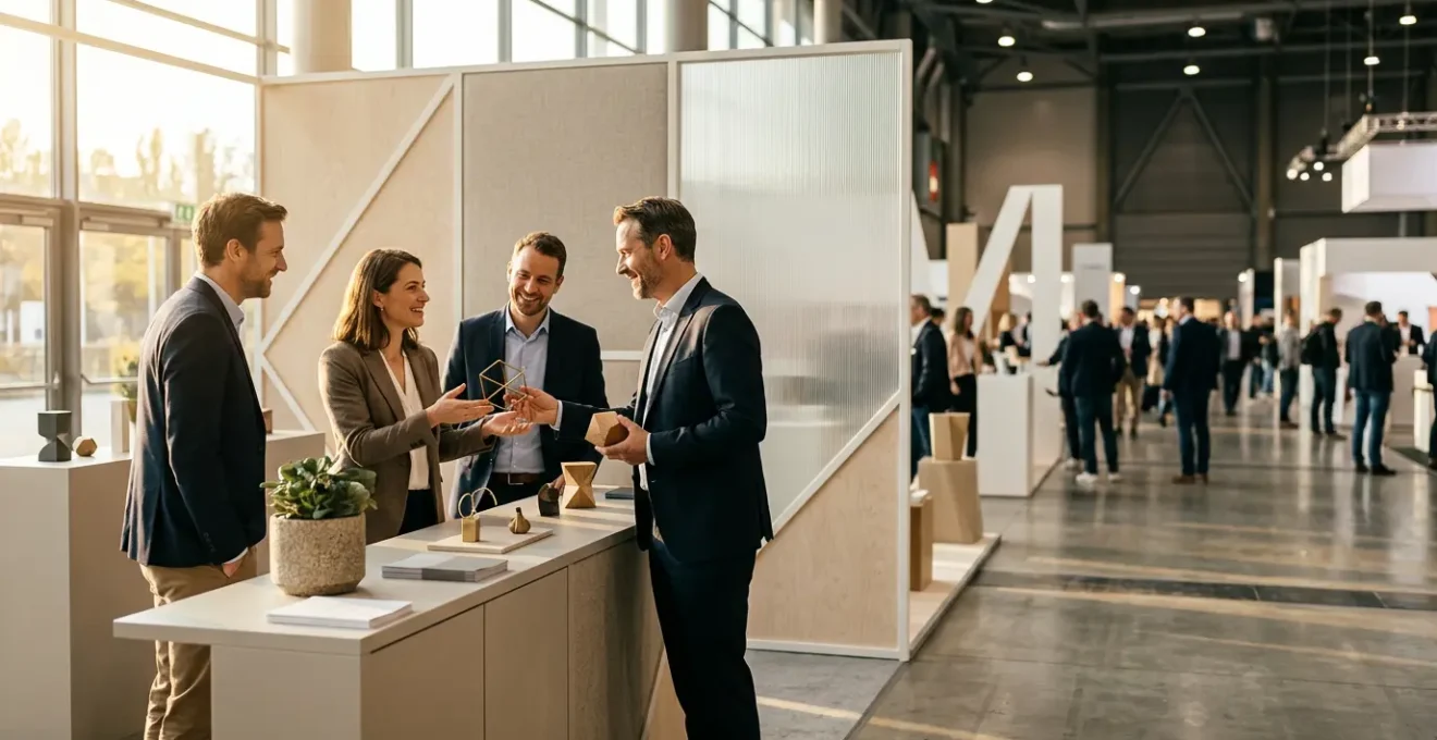 Stand de salon professionnel moderne avec des visiteurs échangeant autour de goodies marketing