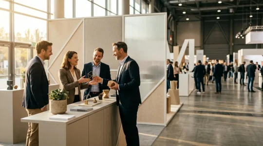 Stand de salon professionnel moderne avec des visiteurs échangeant autour de goodies marketing