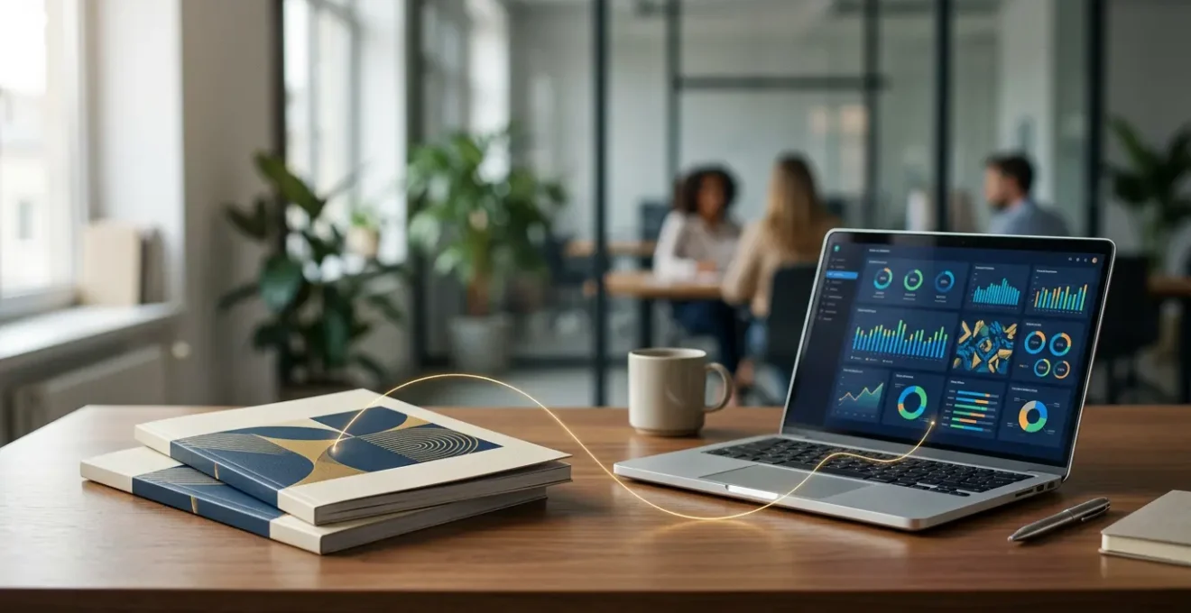 Bureau moderne avec catalogues papier professionnels disposés à côté d'un ordinateur affichant une interface d'email marketing, montrant la complémentarité des supports print et digital