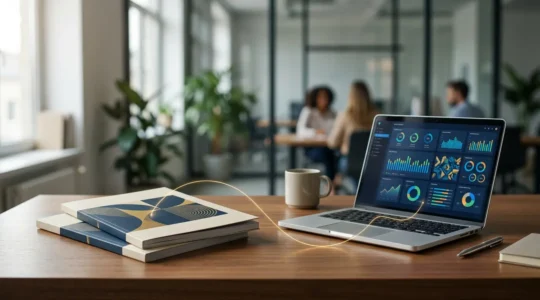 Bureau moderne avec catalogues papier professionnels disposés à côté d'un ordinateur affichant une interface d'email marketing, montrant la complémentarité des supports print et digital