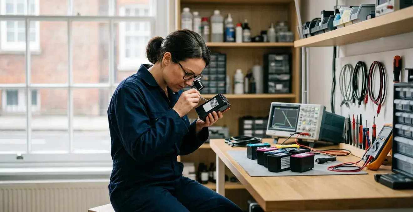 Technicien expert en laboratoire analysant des cartouches d'imprimante avec instruments de précision