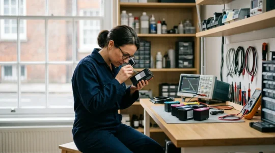 Technicien expert en laboratoire analysant des cartouches d'imprimante avec instruments de précision
