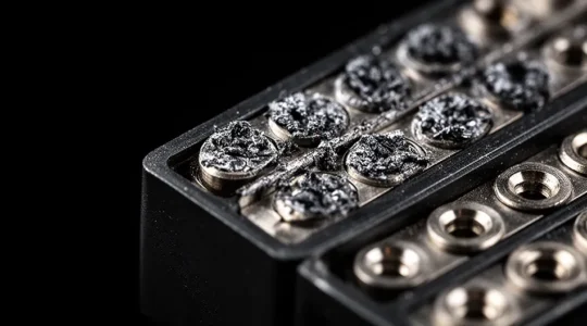 Gros plan sur une tête d'impression jet d'encre avec résidus d'encre séchée visibles sur les buses