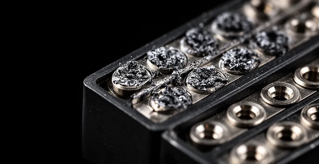 Gros plan sur une tête d'impression jet d'encre avec résidus d'encre séchée visibles sur les buses