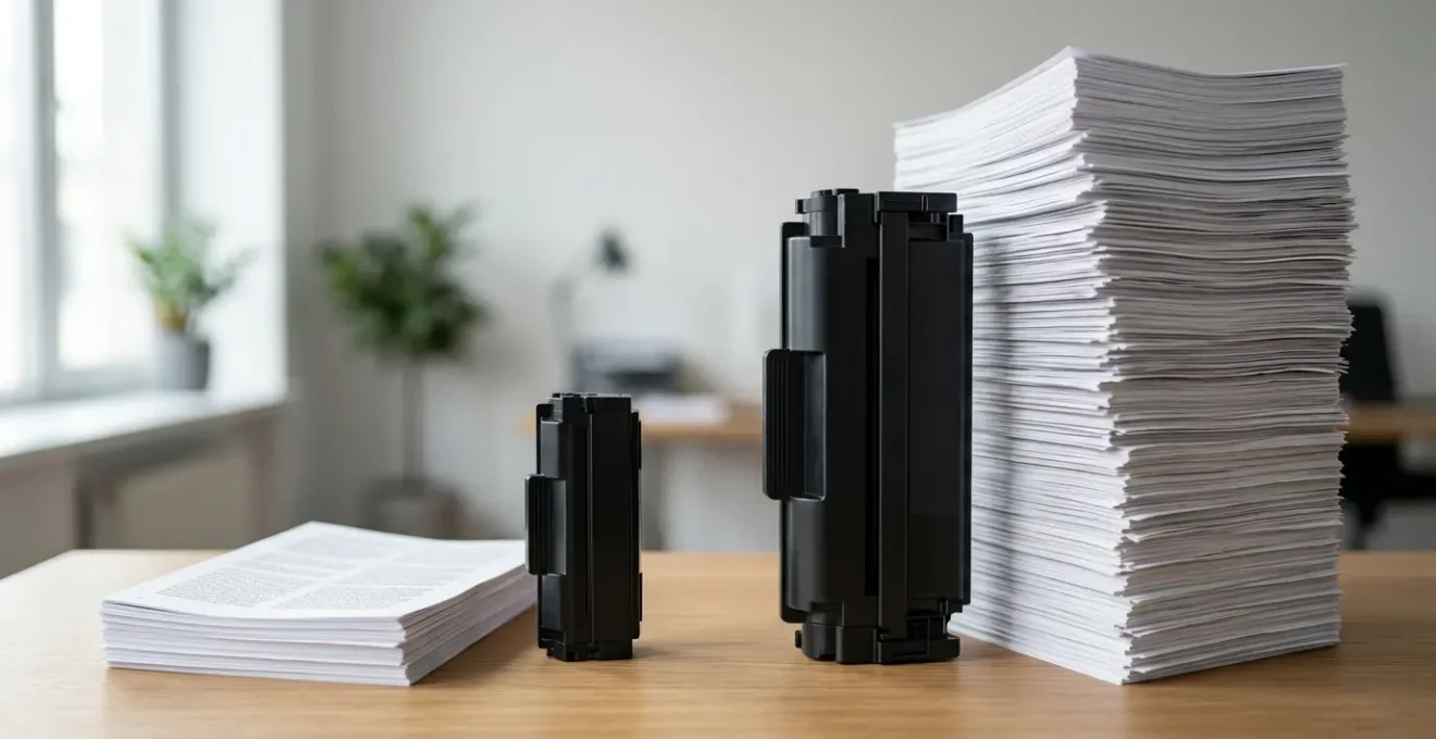Comparaison visuelle entre cartouches toner standard et haute capacité dans un environnement professionnel