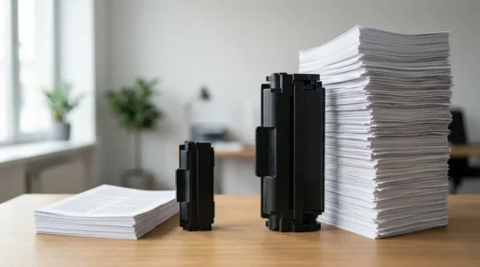 Comparaison visuelle entre cartouches toner standard et haute capacité dans un environnement professionnel