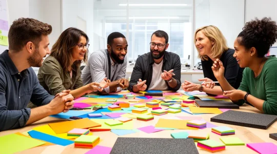 Participants d'un workshop créatif travaillant en équipe autour de supports papier et de panneaux colorés dans un espace lumineux