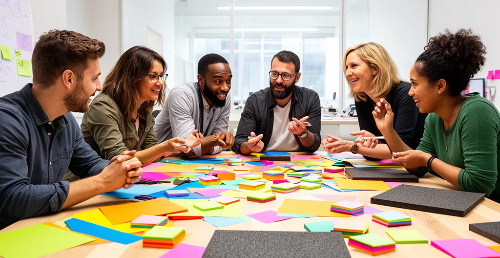 Participants d'un workshop créatif travaillant en équipe autour de supports papier et de panneaux colorés dans un espace lumineux