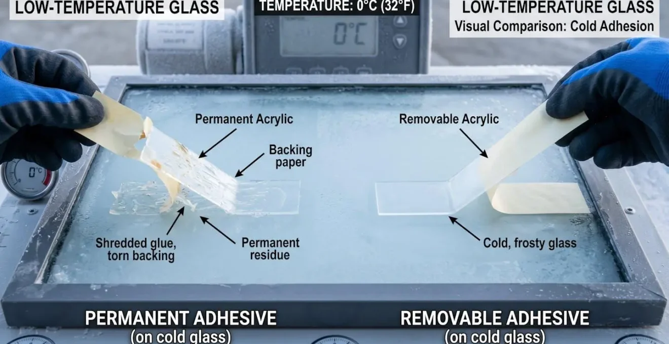 Comparaison visuelle d'un adhésif permanent et enlevable sur surface en verre à basse température