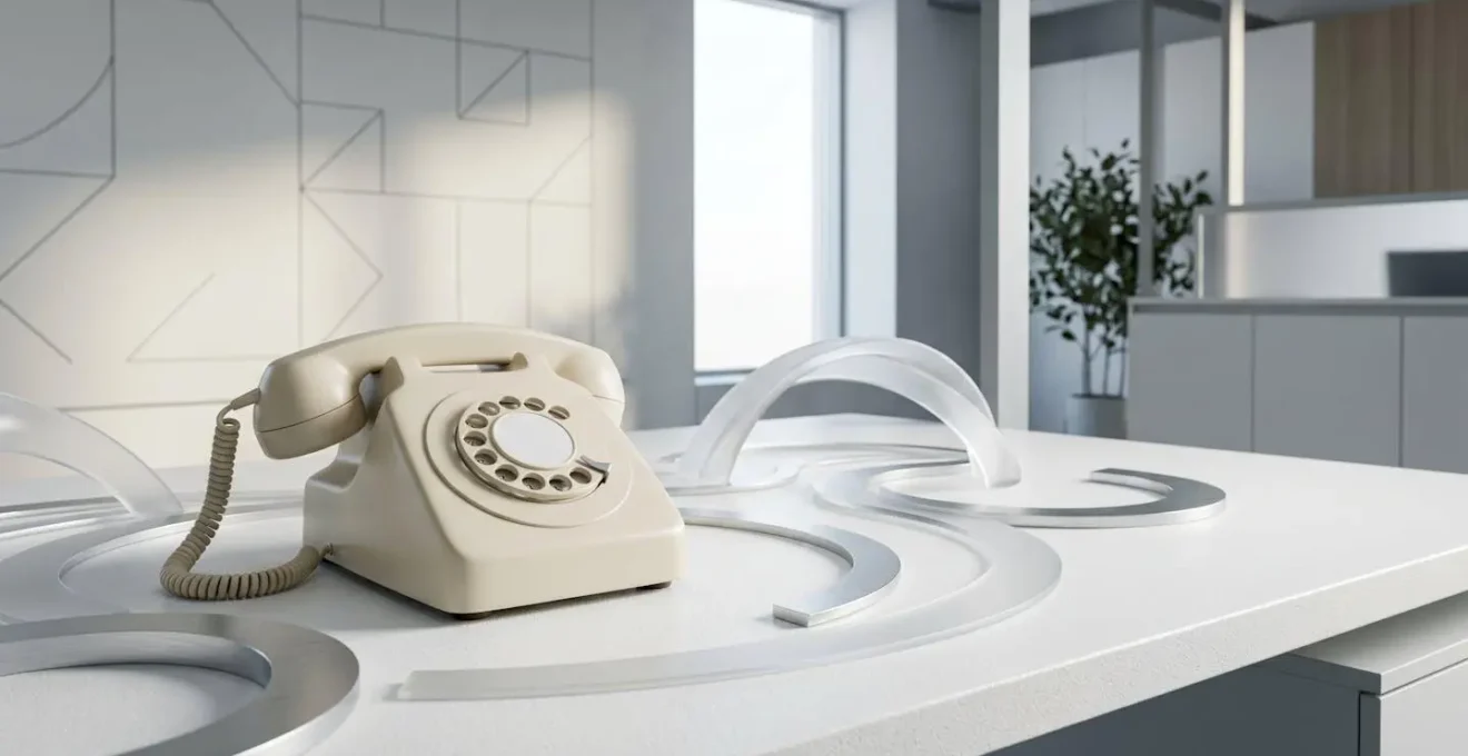 Environnement de bureau minimaliste avec téléphone vintage et graphiques de données abstraits pour illustrer l'analyse des appels marketing