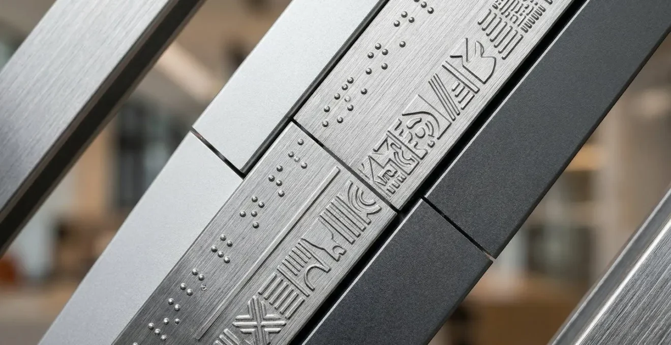 Système d'annuaire à lattes modulaires avec intégration braille dans un hall d'immeuble