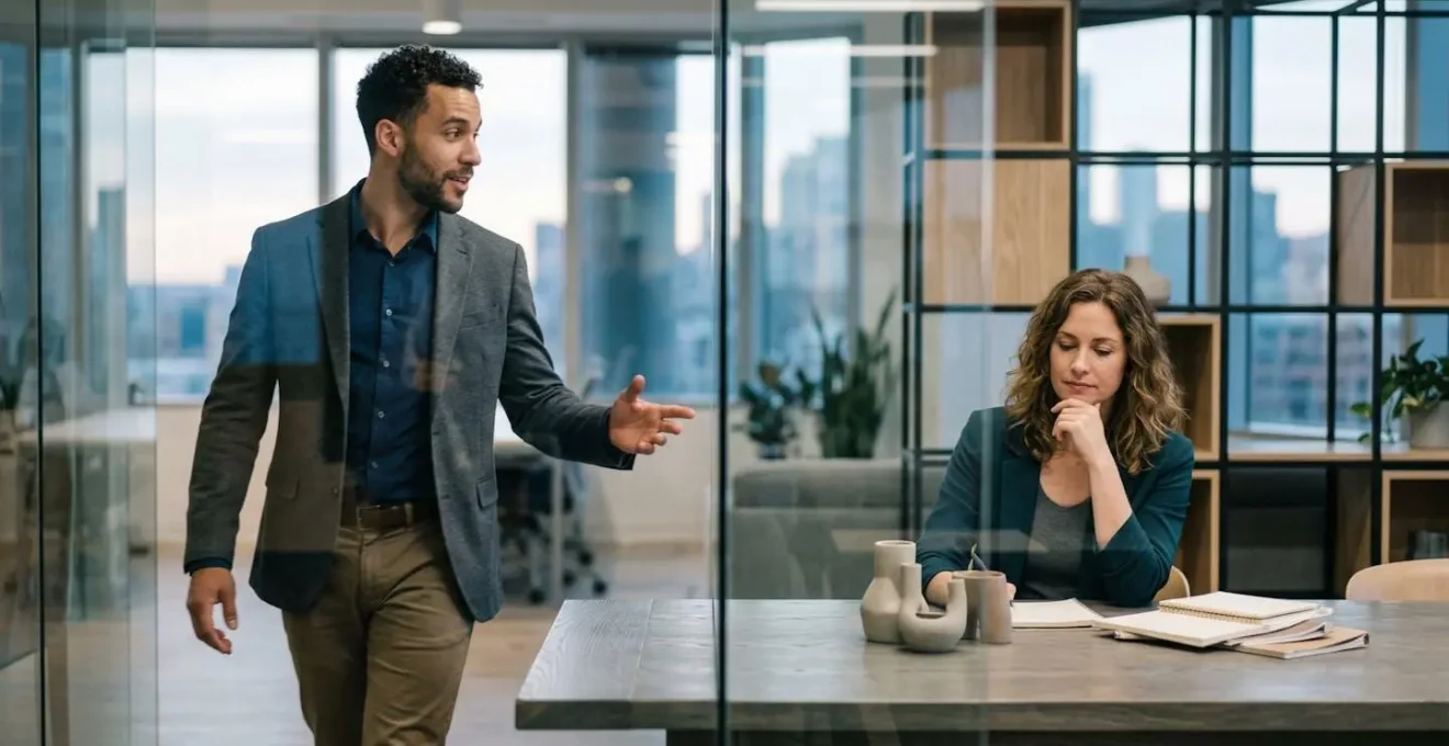 Deux figures symboliques représentant les archétypes Héros et Sage dans un environnement professionnel
