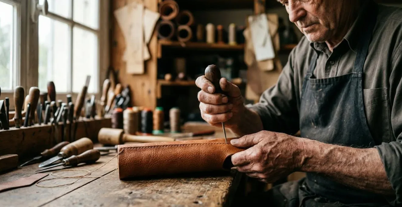 Mains d'artisan travaillant le cuir dans un atelier français traditionnel