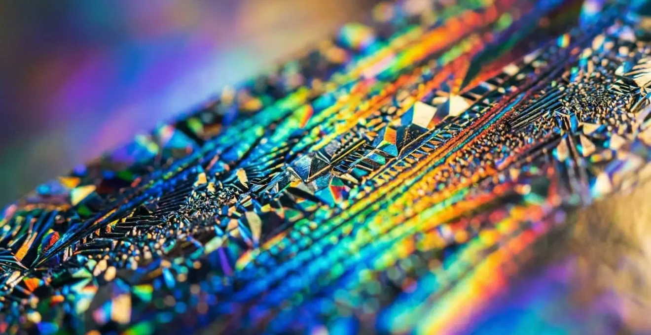 Détail macro d'une surface holographique avec effets de diffraction de lumière
