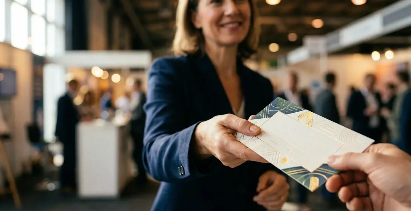 Main tenant un bon d'échange élégant dans un environnement de salon professionnel