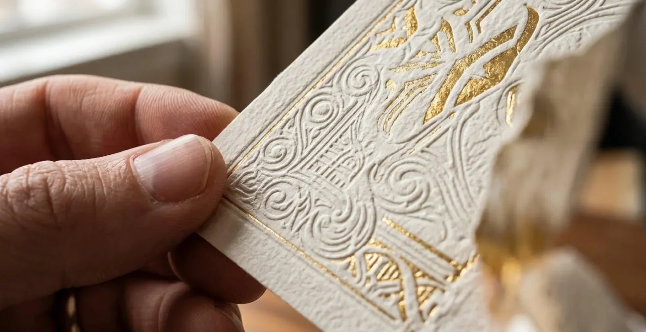Gros plan sur un bon d'échange papier texturé avec finition dorée tenu dans une main