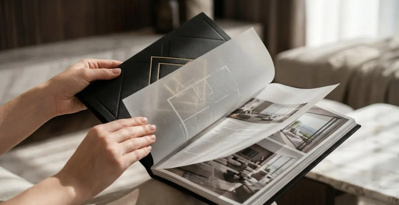 Brochure immobilière de luxe ouverte montrant des finitions haut de gamme et plans d'architecte