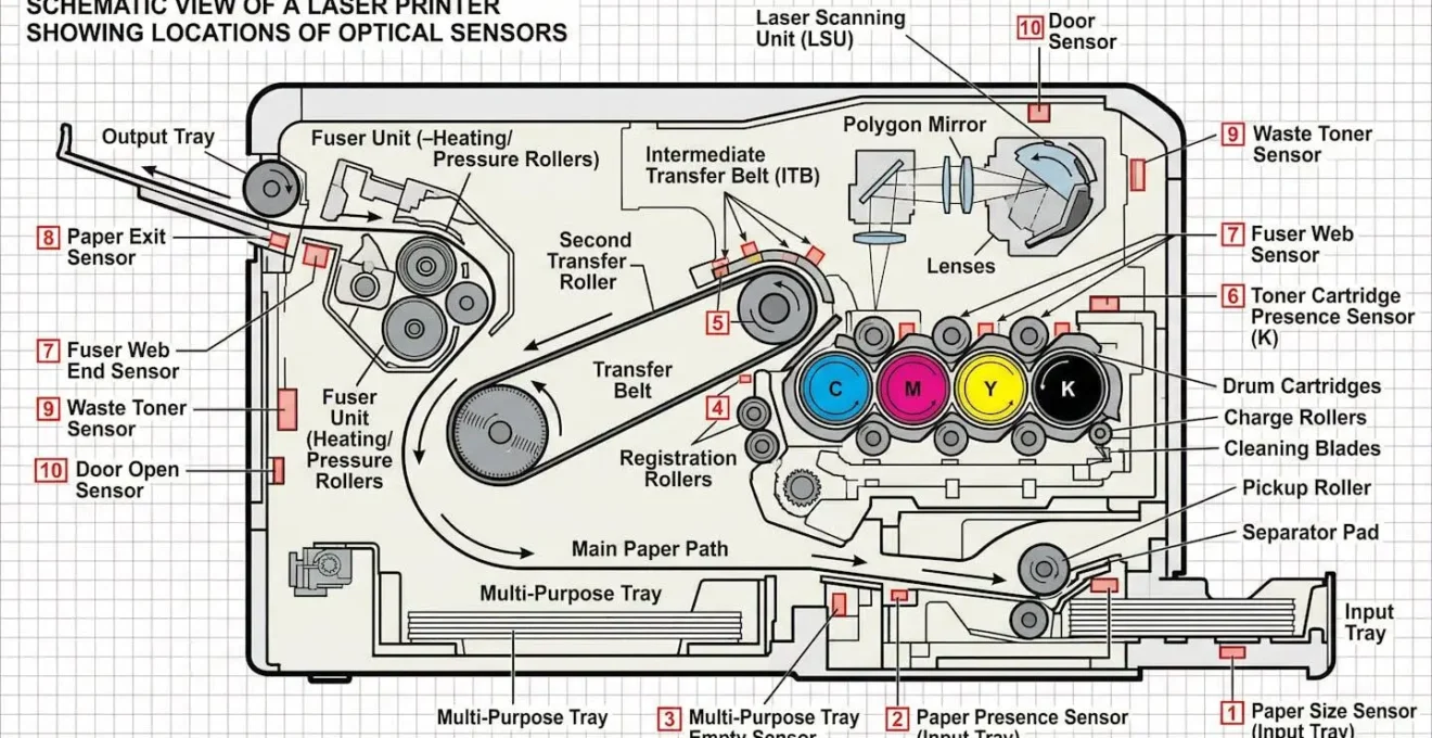 Vue schématique d'une imprimante laser montrant l'emplacement des capteurs optiques