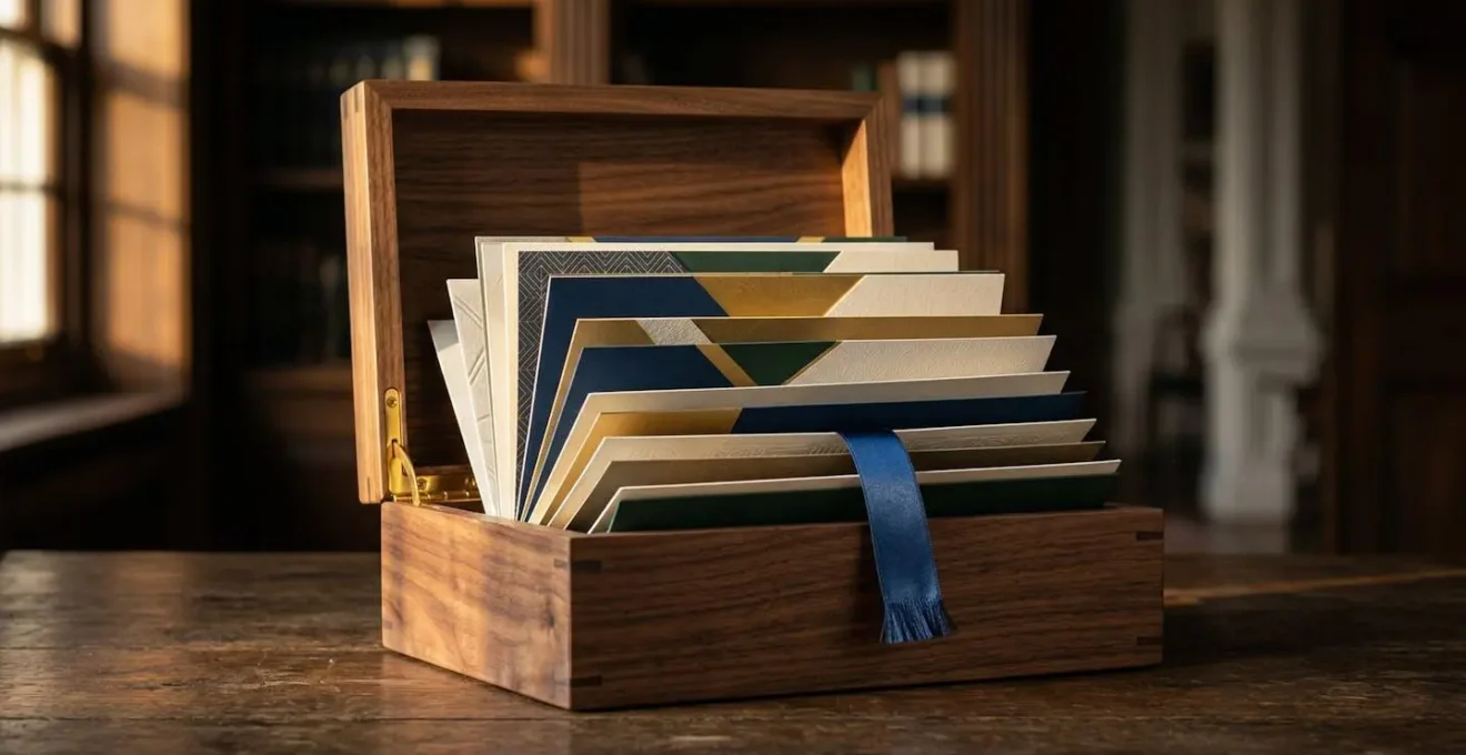 Coffret ouvert en bois noble révélant des documents de présentation élégants