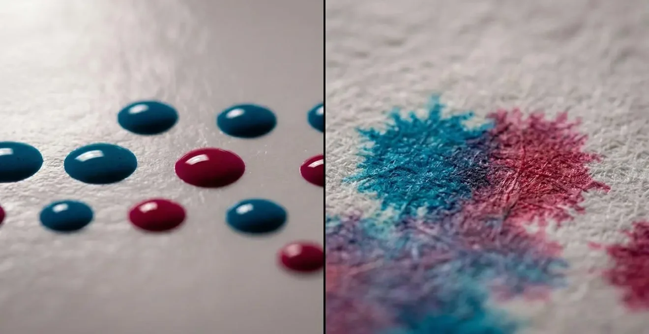 Comparaison microscopique de l'absorption d'encre sur papier couché versus papier offset