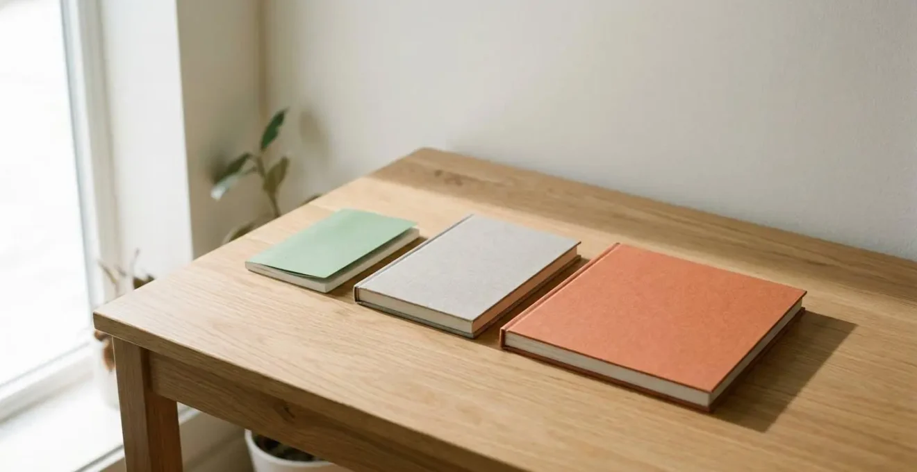 Mains tenant différents formats de livres sur un bureau épuré pour comparer leur taille.